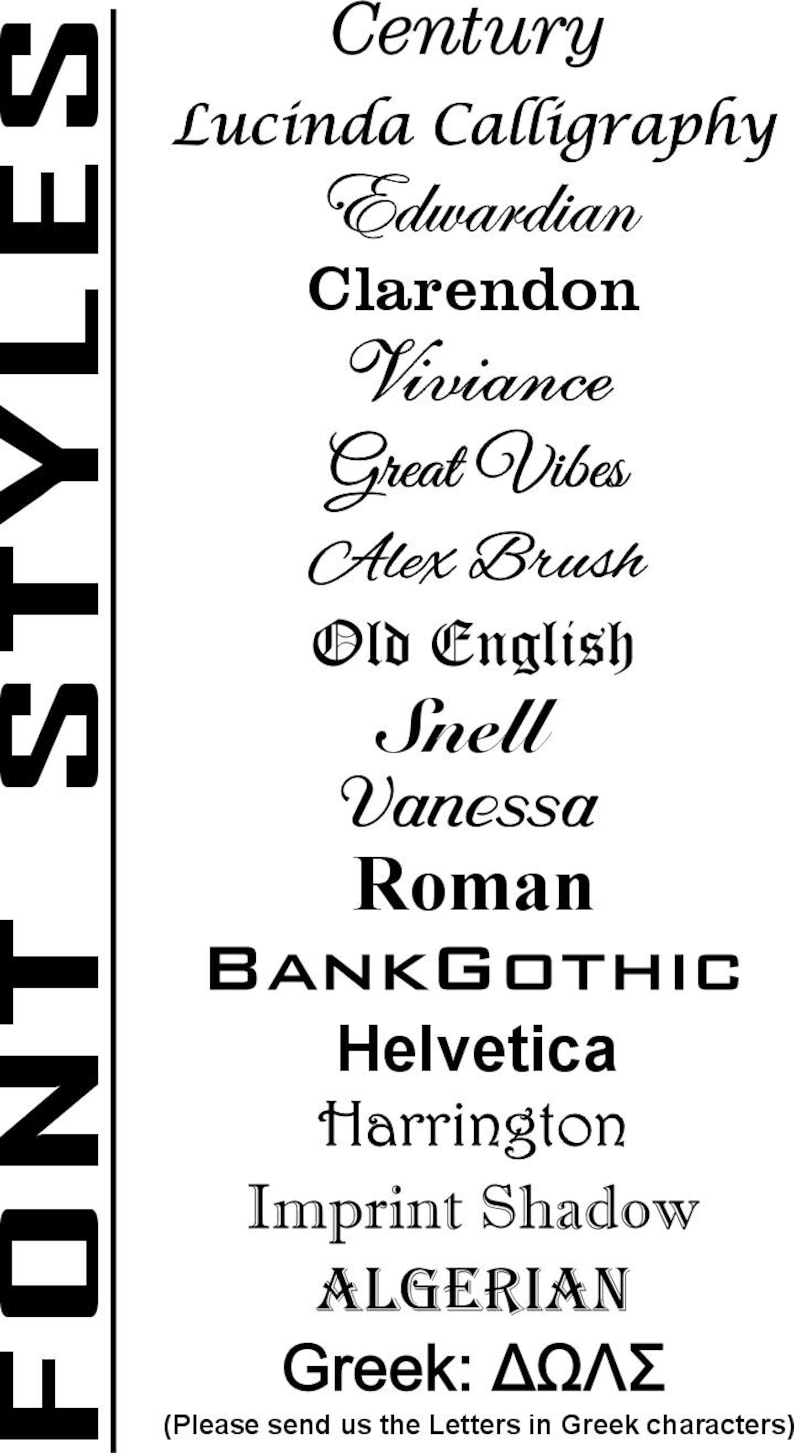 May include: A vertical black and white graphic displaying a list of font styles. The fonts include Century, Lucinda Calligraphy, Edwardian, Clarendon, Viviance, Great Vibes, Alex Brush, Old English, Snell, Vanessa, Roman, BankGothic, Helvetica, Harrington, Imprint Shadow, Algerian, and Greek.
