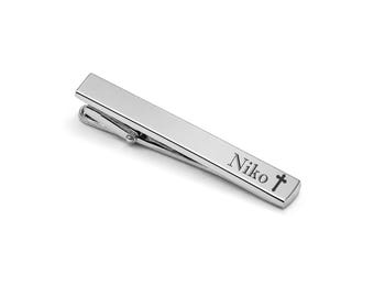 Engraved Cross Tie Clip, Personalized Stainless Steel Faith Gift