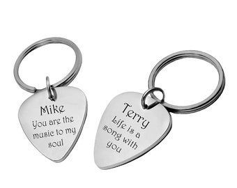 Personalized Stainless Steel Guitar Pick Keychain Set, Silver Guitar Pick Keychain, Engraved Guitar Pick, Gift For Guitarists, Keychain Set