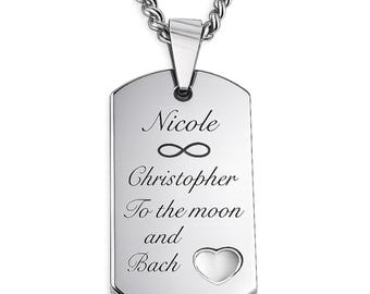 Personalized Stainless Steel Heart Dog Tag Necklace, Engraved Valentine's Gift