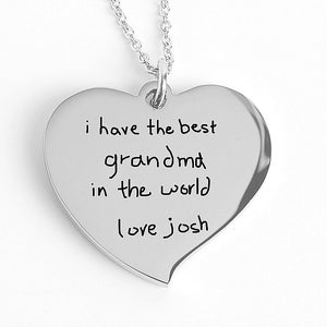 Custom Hand-Drawn Silver Heart Necklace, Kids Handwriting Charm, Children&#39;s Drawing for Mom, Handwritten Engraved Necklace, Mothers Day Gift