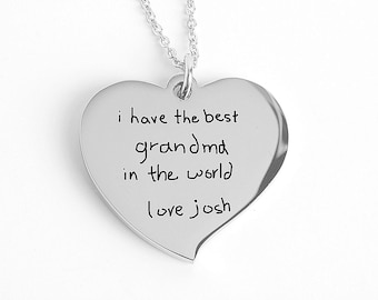 Custom Handwriting Engraved Heart Necklace, Kids Drawing Gift for Mom