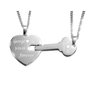 Joyería para parejas, collares para él y para ella, conjunto de collar con corazón y llave de plata, collar grabado personalizado, llave de mi corazón, regalo de San Valentín