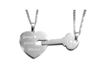 Couple's Jewelry, His And Her's Necklaces, Silver Heart & Key Necklace Set, Custom Engraved Necklace, Key To My Heart, Valentine's Day Gift