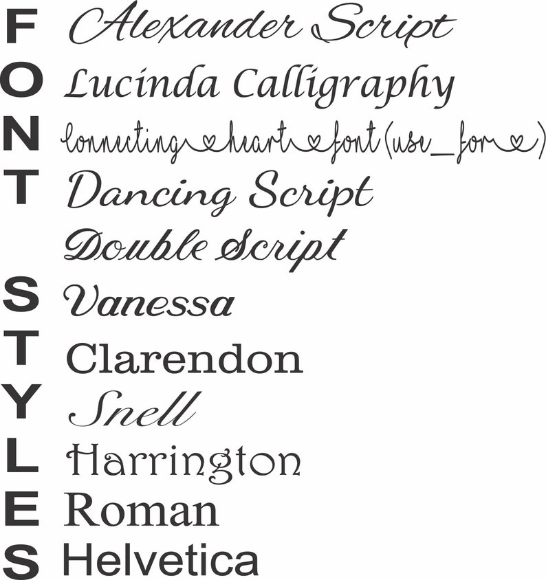 May include: A white background displays a list of font styles in black. The fonts include "Alexander Script", "Lucinda Calligraphy", "Dancing Script", "Vanessa", "Clarendon", "Snell", "Harrington", "Roman", and "Helvetica".
