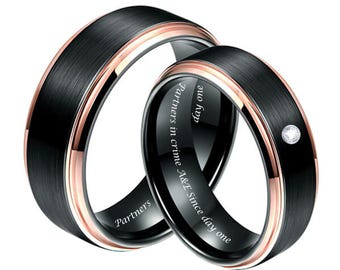 Engraved Tungsten Couple Ring Set, Rose Gold & Black Promise Rings
