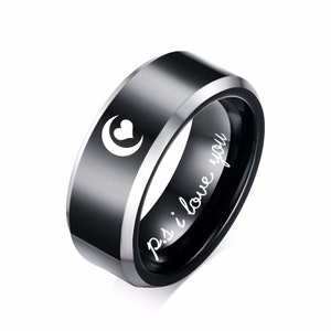 Personalized Handwriting Men&#39;s Black Tungsten Ring With Silver Edge With Your Own Personal Custom Handwriting  Band Engraved Ring 8mm