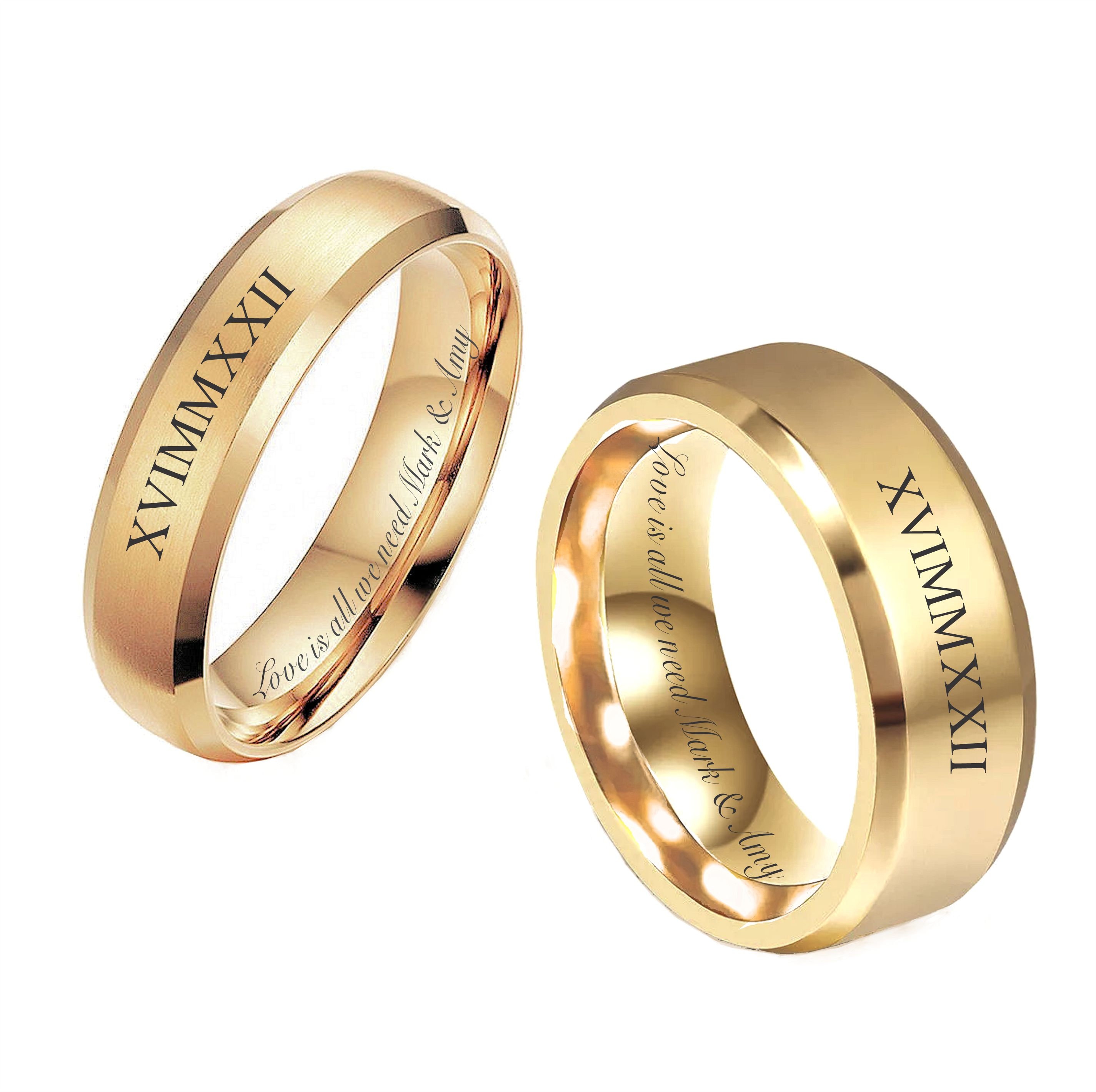 Personalized Gold Tungsten His and Hers Ring Set Engraved Wedding