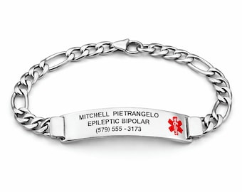 Engraved Silver Medical ID Bracelet, Stainless Steel Figaro Link