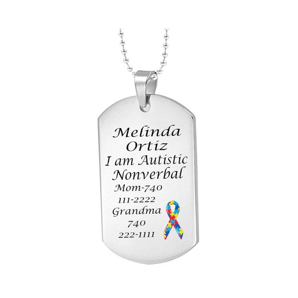 Personalized Autism Spectrum Disorder ASD Necklace With Dog Tag Pendant Medical Emergency Identification ID Medic Alert Charm Free Engraving