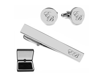 Personalized Cufflinks, Monogrammed Cuff link, Silver Circle Cufflinks & Tie Clip Set Engraved Free, Engraved Tie Clip, Buy 6 Get 7th Free