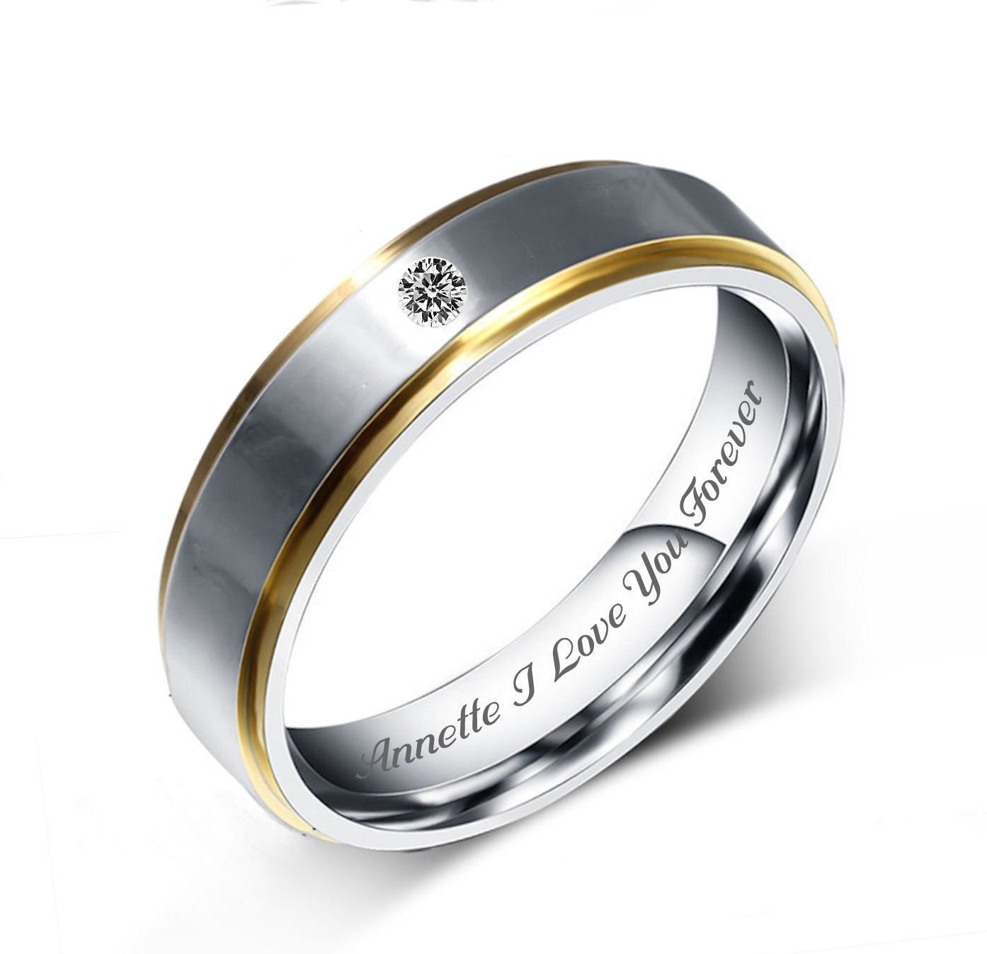 Personalized Two-tone Stainless Steel Ring Set, Custom Engraved CZ ...