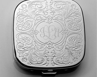 Personalized Pill Box, Engraved Pill Case, Monogrammed Pocket Pill Holder, Mirror Silver Plated Paisley Cover with 3 Compartment Engraved