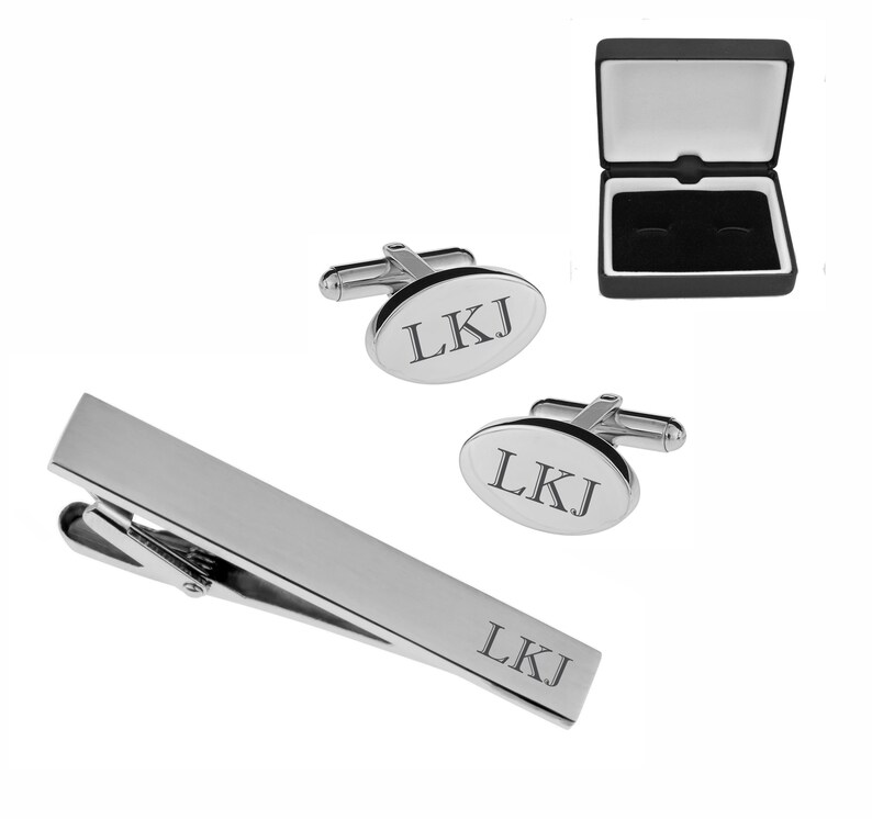 personalized cufflinks and tie clip set
