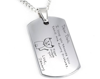 Custom Hand-drawn Silver Dog Tag Necklace, Kids Handwriting Charm, Children's Drawing for Dad, Engraved Dog Tag Necklace, Father's Day Gift