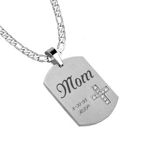 Engraved Stone Cross Dog Tag Necklace Personalized Cross Necklace Brushed Satin Dog Tag Silver Cross Dog Tag Christian Cross Dog Tag Pendant