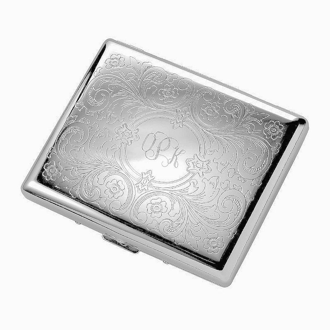 engraved silver cigarette case Engraved Double-sided Paisley Silver Cigarette Case, Personalized Monogram  Gift for Smoker