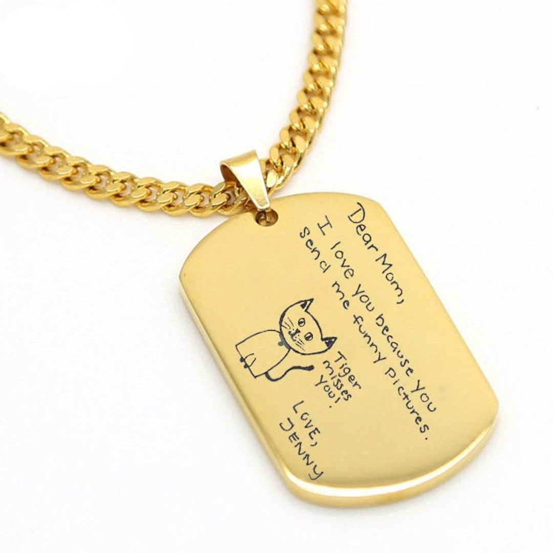 Custom Handdrawn Gold Dog Tag Necklace Kids Handwriting Etsy