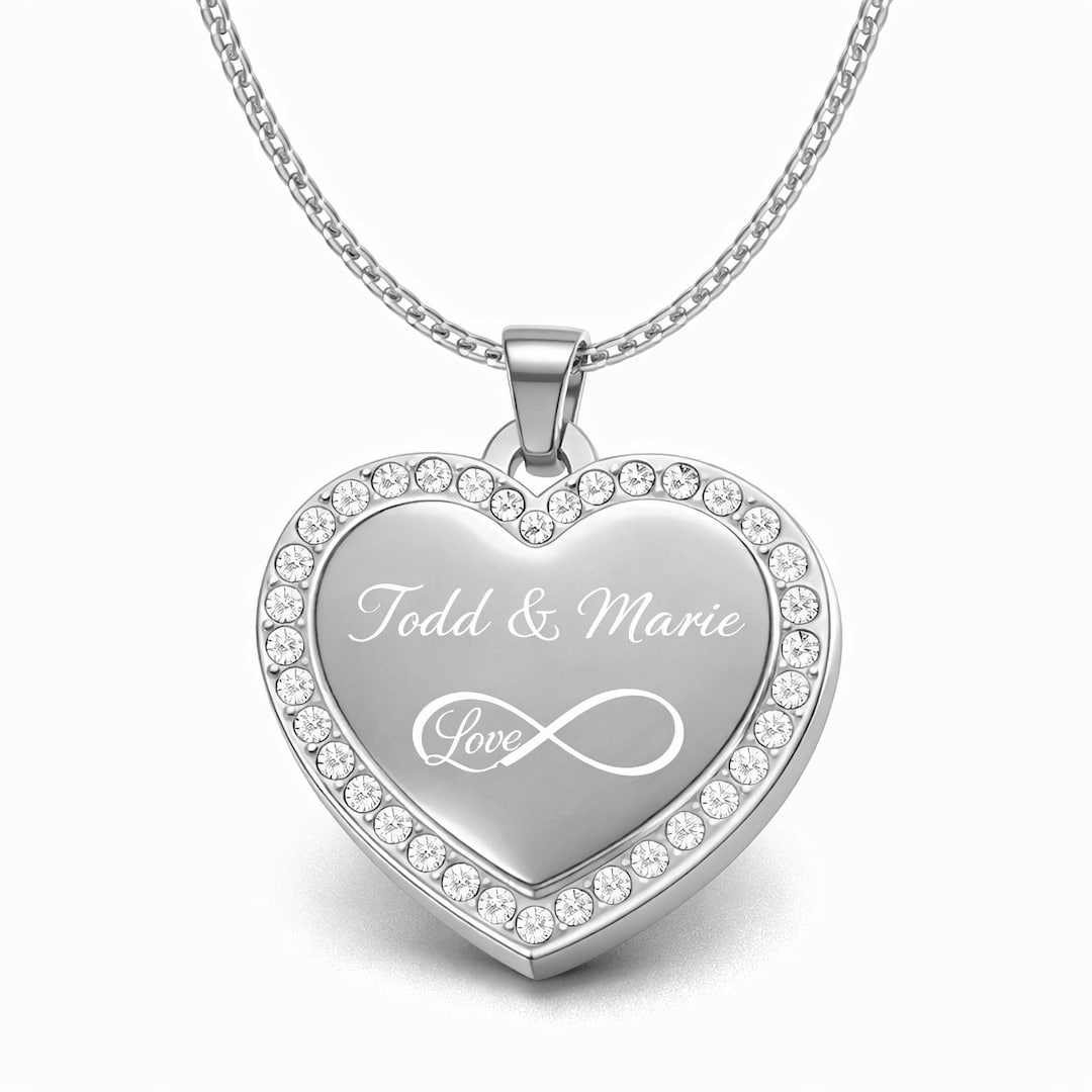 Silver Rhinestone Heart Rhinestone Heart Necklace, Engraved Silver Pendant, Personalized Gift ...