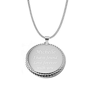 Personalized Silver Braided Circle Necklace, Silver Disc Pendant, Custom Engraved Necklace, Silver Ladies Charm, Initial Disc Necklace
