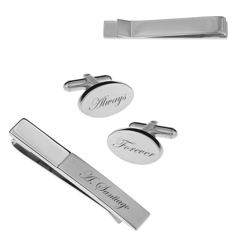 monogrammed cufflinks and tie clip