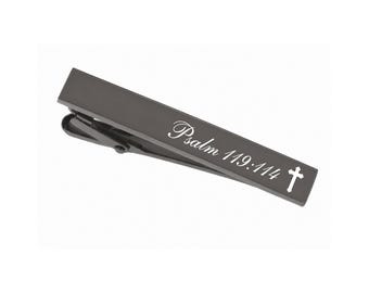 Engraved Cross Gunmetal Tie Clip, Personalized Religious Gift Buy 6 Get 7th Free