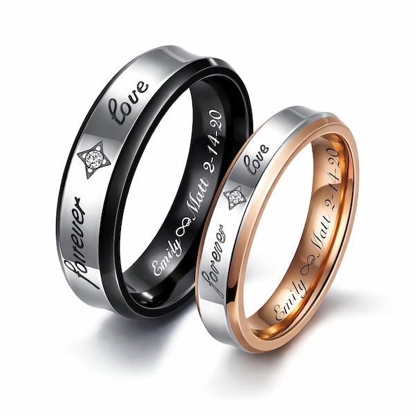Engraved Stainless Steel Couple Rings: Personalized "Forever Love" Design Ring Set