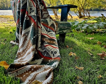 Catskill Camp Blanket in Sagebrush. Aztec Wool Blend Throw: Southwest Boho Decor, Yoga, Beach, Cabin Decor