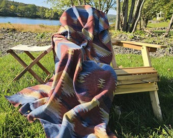 Catskill Camp Blanket in Sunset, Aztec, Wool Blend Throw, Boho Home Decor, Beach Blanket