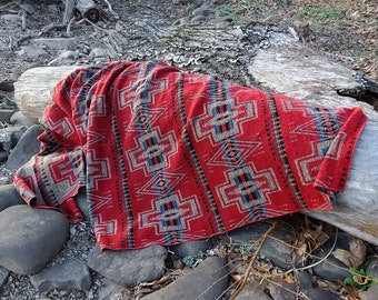 Catskill Camp Blanket in Red, Aztec Wool Blend, Reversible Camp Throw, Beach, Yoga, Navajo Blanket