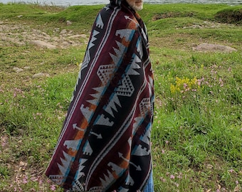 Catskill Camp Blanket in Wine. Aztec Boho Throw, Navajo, Yoga, Lodge, Travel Blanket, Wool Blend