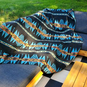 Turquoise Aztec Camp Blanket: Wool Blend Throw, Boho Lodge Decor (60x80)