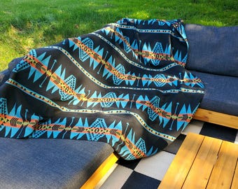 Catskill Camp Blanket in Turquois: Aztec, Wool Blend, Boho Throw, Navajo, Yoga, Beach Blanket