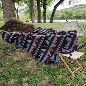 Wool Blend Blanket in Wine- Camp Blanket, Southwest, Aztec, Navajo