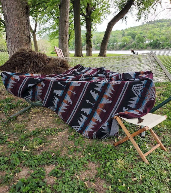 Wool Blend Blanket in Wine- Camp Blanket, Southwest, Aztec, Navajo, Yoga, Throw Blanket