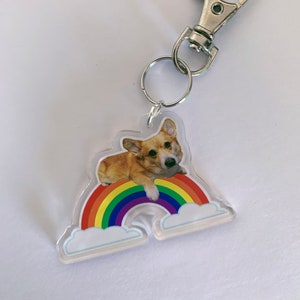 May include: A clear acrylic keychain with a rainbow and a corgi dog sitting on top of it. The keychain has a silver metal clasp.