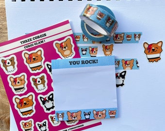 Corgi Glam-briefpapierset: op Bowie geïnspireerde washitape, stickers, plaknotities