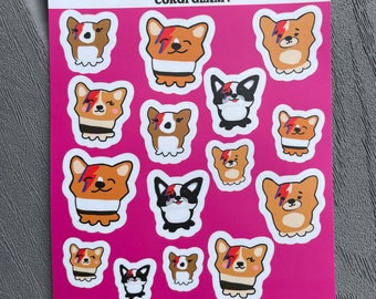 Glam Rock Corgi-stickers: op Bowie geïnspireerde kawaii-stickers (2 vellen)