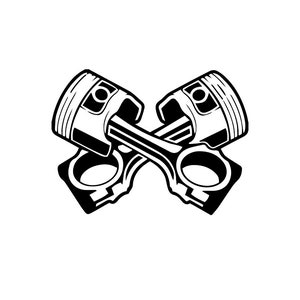 May include: Black and white illustration of two crossed engine connecting rods. The rods are connected to pistons with a circular design.
