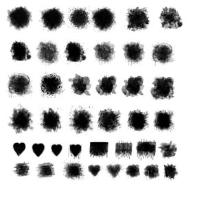May include: A collection of black and white grunge textures, including splatters, drips, and brushstrokes. These textures can be used for digital art, graphic design, and scrapbooking.