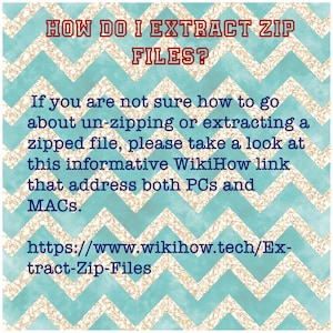 May include: A turquoise and gold chevron patterned background with the text "HOW DO I EXTRACT ZIP FILES?" in red. The text below explains how to unzip or extract a zipped file and provides a link to a WikiHow article: "https://www.wikihow.tech/Extract-Zip-Files".