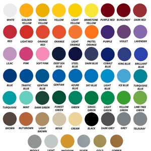 May include: A color chart with 64 different colors, labeled with their names. The chart is titled "ORACAL 651".