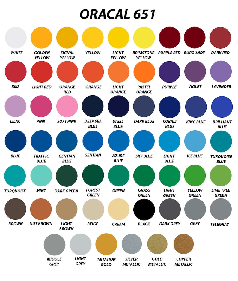 May include: A color chart with 64 different colors, labeled with their names. The chart is titled "ORACAL 651".