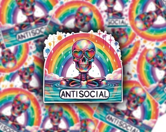 Antisocial Skeleton Laminated Sticker, Funny Sarcastic Rainbow Gift