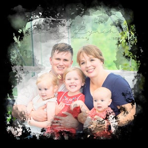 May include: A family portrait with a watercolour effect. A man, woman, and three children are smiling and looking at the camera. The woman is wearing a dark blue shirt, the man is wearing a white shirt, and the children are wearing red and white shirts. The text "Alisha Lynch Studios" is visible in the background.