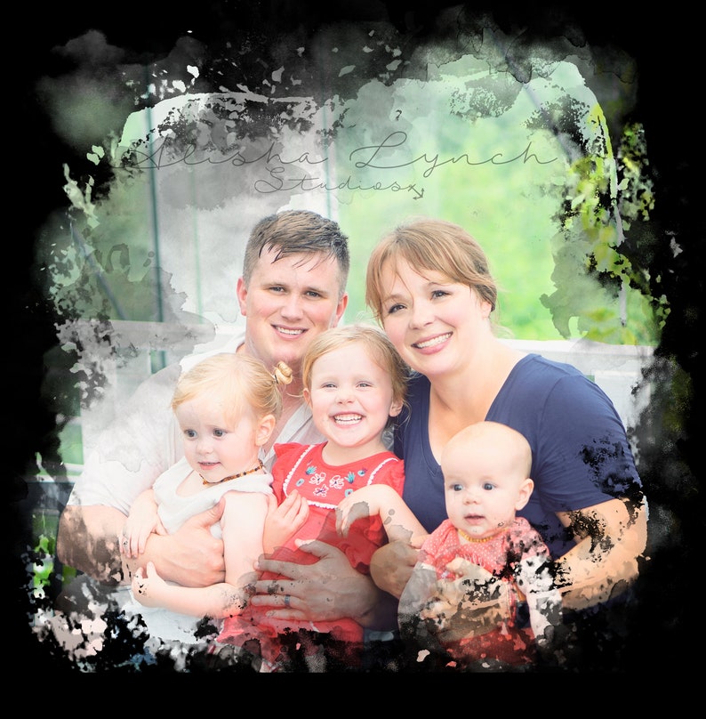 May include: A family portrait with a watercolour effect. A man, woman, and three children are smiling and looking at the camera. The woman is wearing a dark blue shirt, the man is wearing a white shirt, and the children are wearing red and white shirts. The text "Alisha Lynch Studios" is visible in the background.