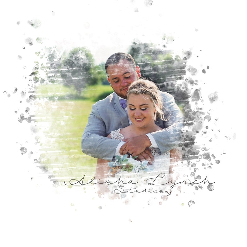 May include: A bride and groom embrace in a field, with a watercolour effect around them. The bride is wearing a white dress and the groom is wearing a grey suit. The text "Alisha Lynch Studios" is at the bottom of the image.