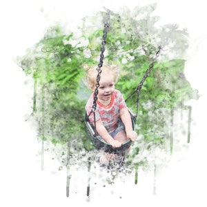 May include: A young child sits on a swing set against a green and white watercolour background. The child is wearing a pink and white striped shirt and has blonde hair.