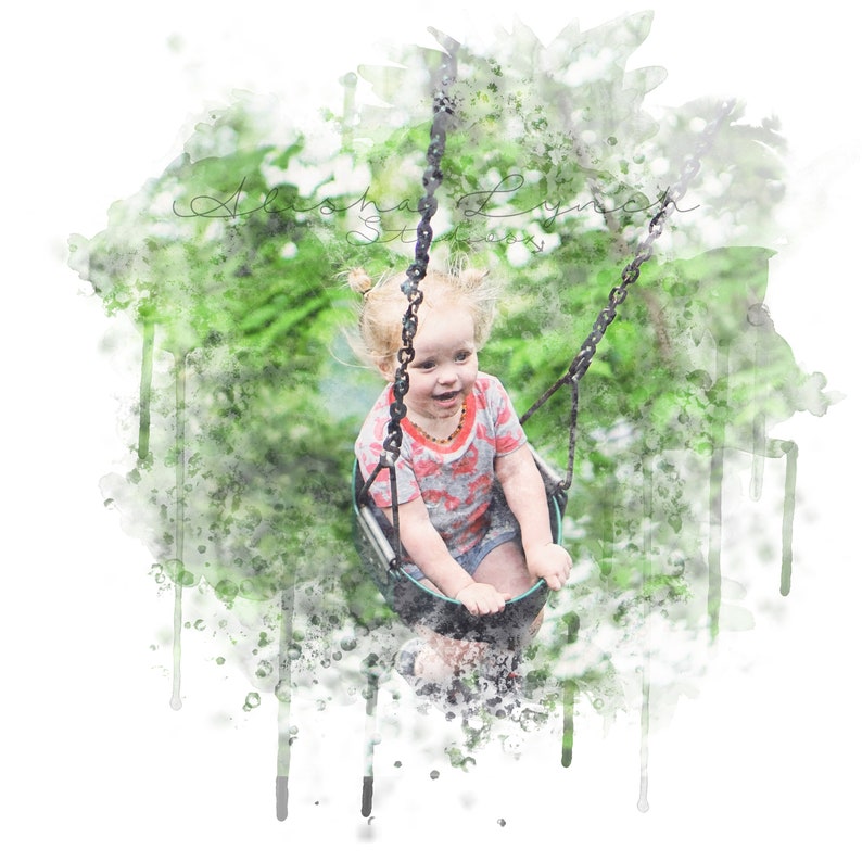 May include: A young child sits on a swing set against a green and white watercolour background. The child is wearing a pink and white striped shirt and has blonde hair.