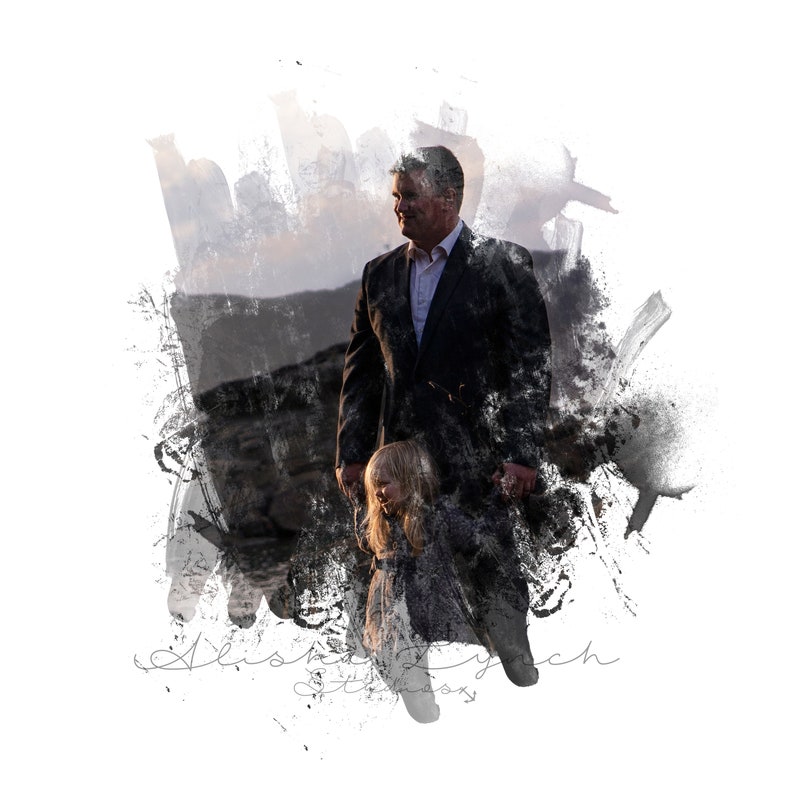 May include: A black and white watercolour illustration of a father and daughter walking hand-in-hand. The image is set against a backdrop of a mountain range and a sunset sky.